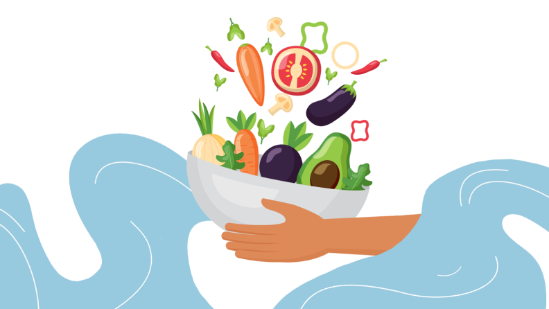 An illustration of a person's hand holding a large white bowl full of fruits and vegetables.