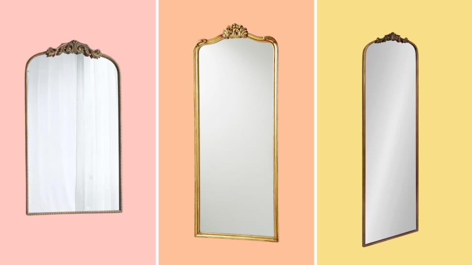 Three mirrors against a pink, orange, and yellow background.