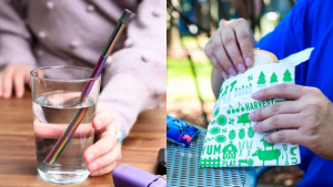 On the left a person with a glass of water with a reusable straw. On the right, a person holding a sandwich in a reusable sandwich bag.