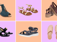Six pairs of sandals: one with a wedge heel, a flat gold gladiator style, platform crocs, a pair of black heeled sandals, sport sandals, and slides.