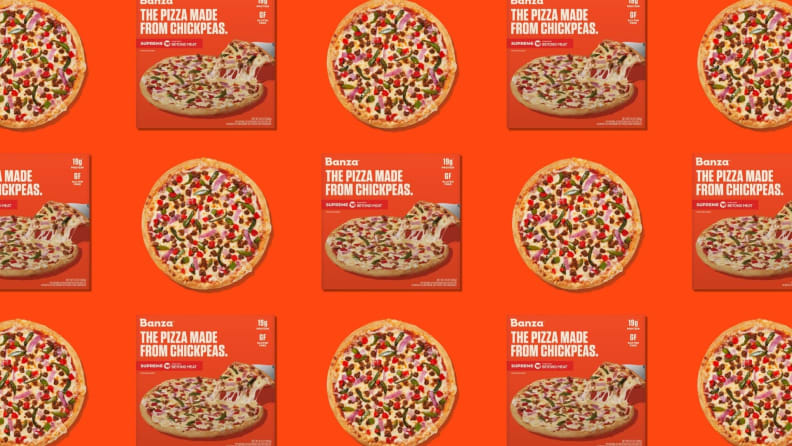 A pattern of frozen pizza boxes and frozen pizzas on an orange background.