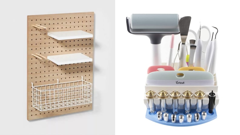 On the left, a peg board with storage compartments. On the right, a Cricut tool organizer.