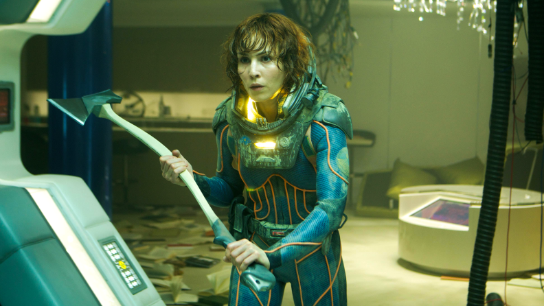 Noomi Rapace brandishes an axe in the climax of Ridley Scott’s Prometheus.