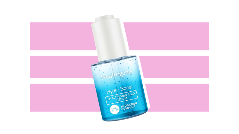 Neutrogena Hydro Boost Hyaluronic Acid Serum against a pink and white background.