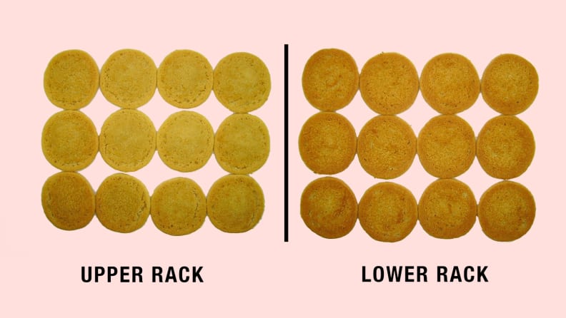 Two sets of baked cookies showing results from different racks.