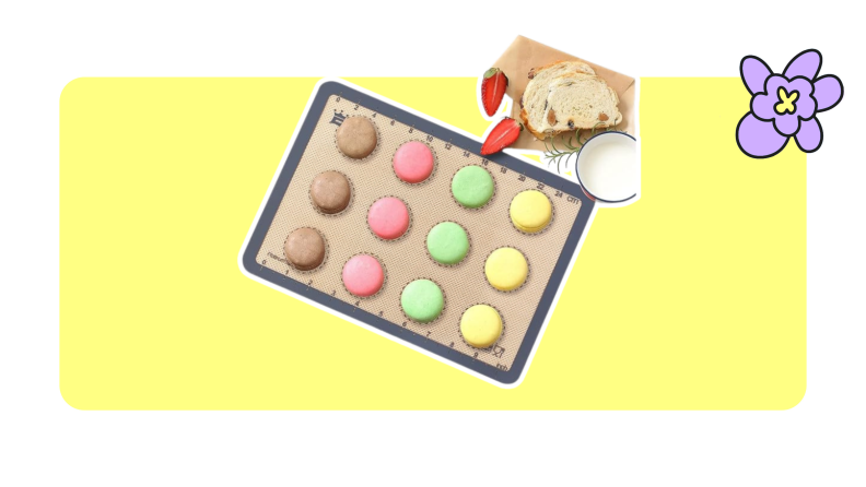 A GUANCI reusable silicone baking mat set with macarons on a yellow background.