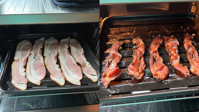 Left: Raw bacon on the tray of an air fryer toaster oven. Right: Crispy cooked bacon on the tray of an air fryer toaster oven.