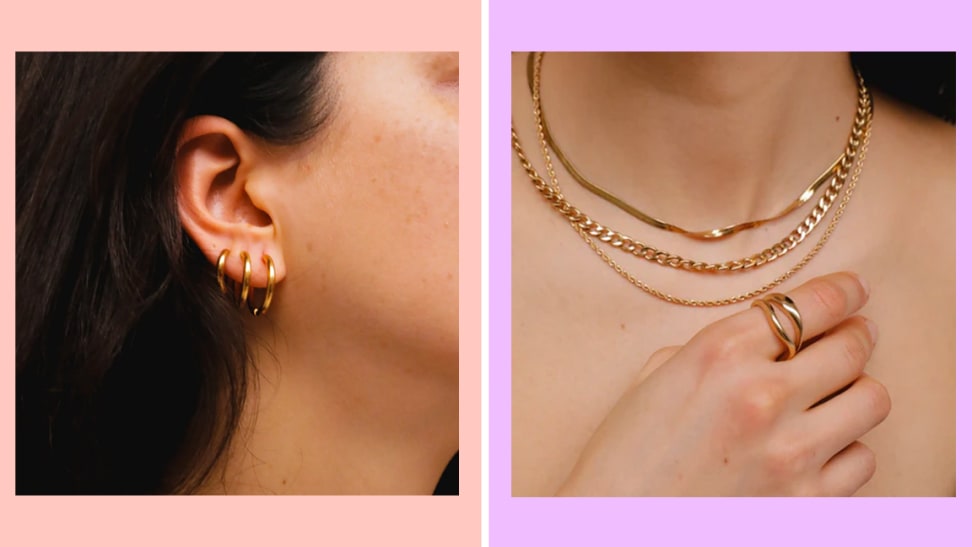 An image of an individual wearing three gold hoop earrings in descending sizes, seen from the side, next to an image of a person's neck adorned with three gold necklaces, with their hand placed in front wearing a gold multi-banded ring.