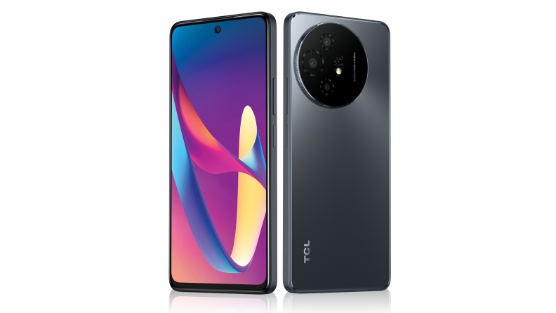 The front and back of a TCL smartphone on a white background.
