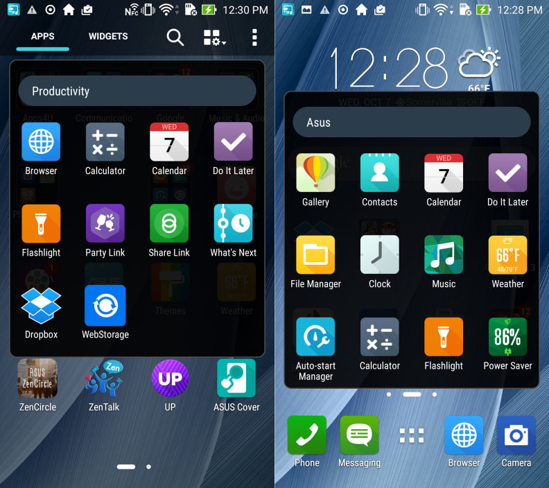 The ZenUI is fine, but inconsistent organization is a pain, like how basic apps show up in the "Asus" folder on the home screen and in "Productivity" in the app drawer.