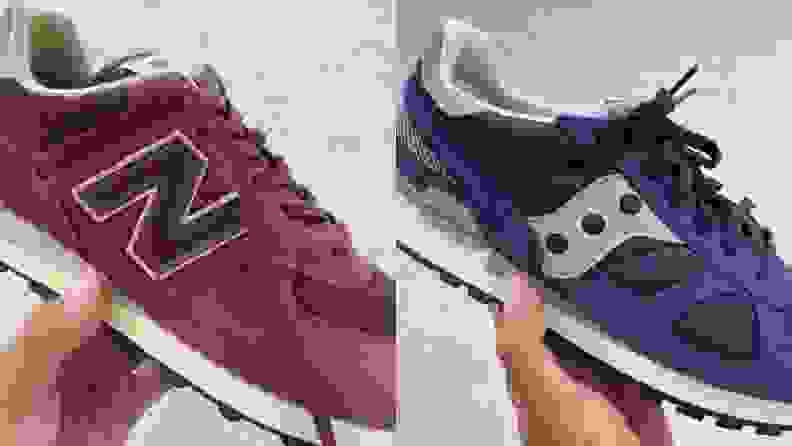 Maroon pair of New Balance 574 held in a man's hand, blue pair of Saucony Shadow shoes held in a man's hand.