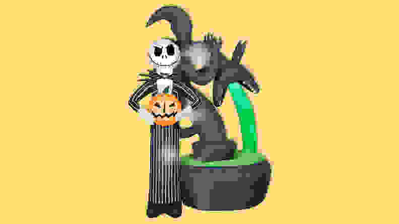 The Jack Skellington with Halloween Town Fountain on a yellow background.