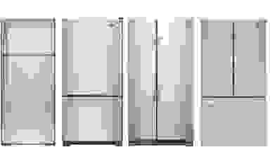 A line-up of four fridge types. From left to right, they are a top freezer, bottom freezer, side-by-side, and French door