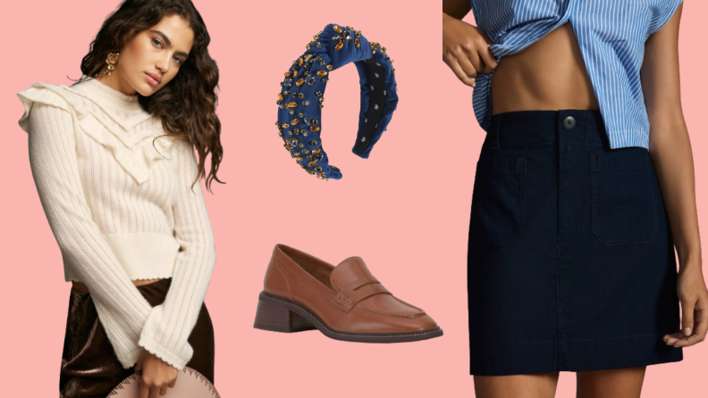 A ruffled cream sweater, an embellished blue headband, a brown loafer, and a model wearing a blue mini skirt.