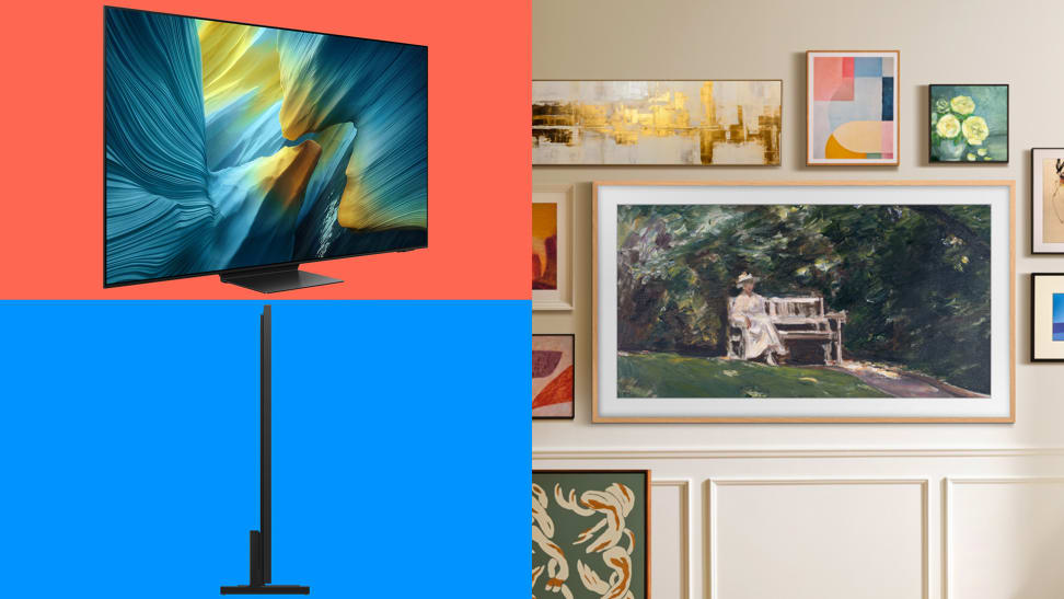 A visually striking showcase of three Samsung TVs. On the left, the QD-OLED TV stands out against a coral background, emphasizing its vivid colors and sleek design. Below it, set against a blue background, is the Neo QLED TV, featuring a thin stand and a modern, minimalist aesthetic. On the right, The Frame TV is mounted on a wall, blending seamlessly into a gallery-style arrangement of art frames.