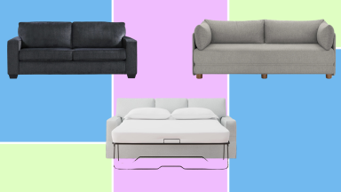 Three couches on a purple, blue, and green background.