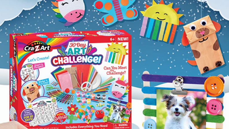 A crafting kit with all sorts of fun completed crafts like bag puppets and picture frames