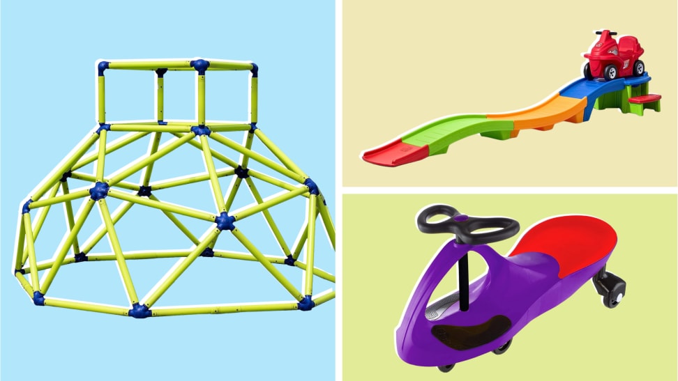 The Eezy Peezy Monkey Bars Climbing Tower, Step2 Up & Down Roller Coaster, and Lil’ Rider Wiggle Car side-by-side on a blue and yellow background.