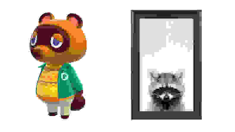 Tom Nook next to a framed racoon