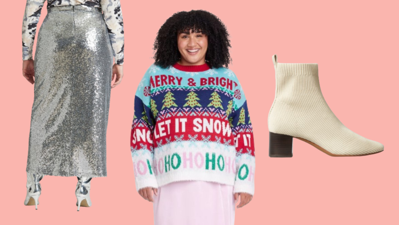 Collage of a model wearing a silver sequin midi skirt, a model wearing an ugly Christmas sweater, and a knit white ankle boot.