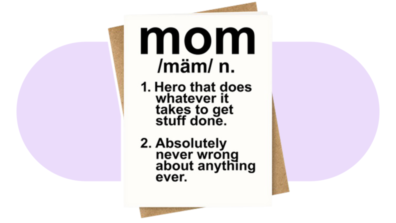 Greeting card with definition of mom on front.