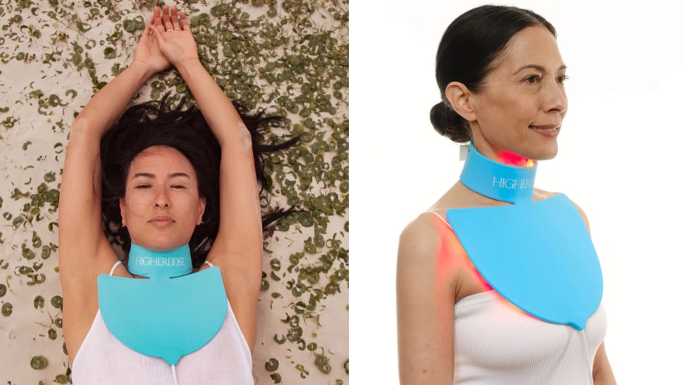 A woman wears HigherDose neck enhancer. In a second photo it shows a product photo of HigherDose neck enhancer