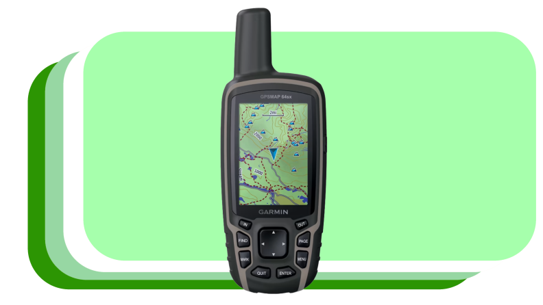 Black handheld GPS device with screen in middle.