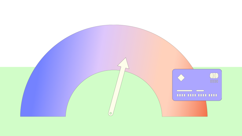 Cartoon graphic of credit score next to credit card.