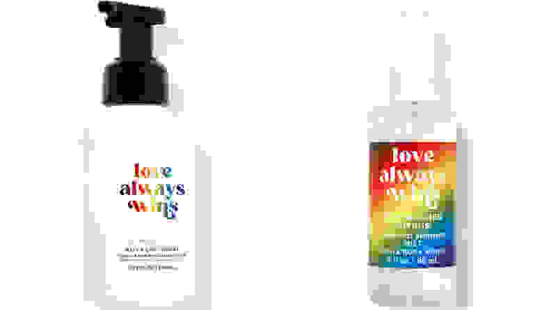 A Bath & Body Works soap and spray against a white backdrop, from the Love Always Wins collection.