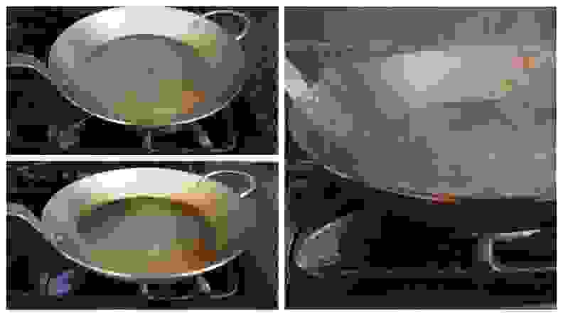 Images of a carbon steel pan during the seasoning process, which includes creating a black layer so that eventually the pan can be used for nonstick cooking.