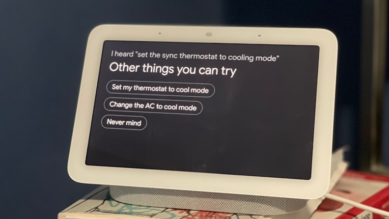 The Google Nest Hub (second-gen) smart display tries to control a smart thermostat
