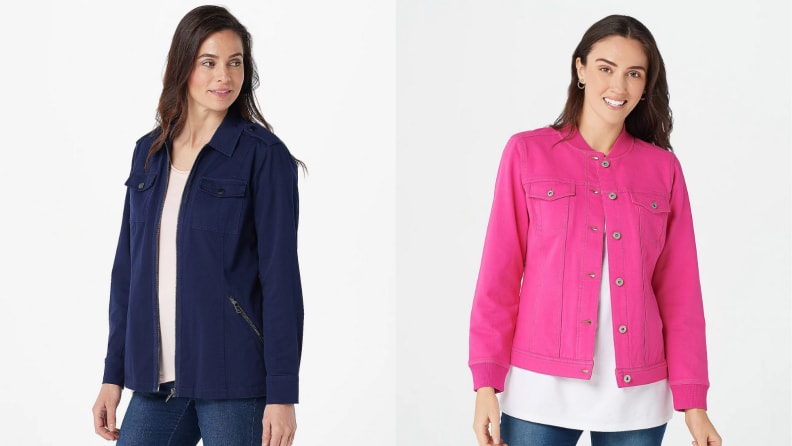 women wearing blue and pink jackets
