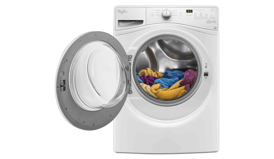The Whirlpool WFW75Hefw is a front-loader with a simple, sleek design