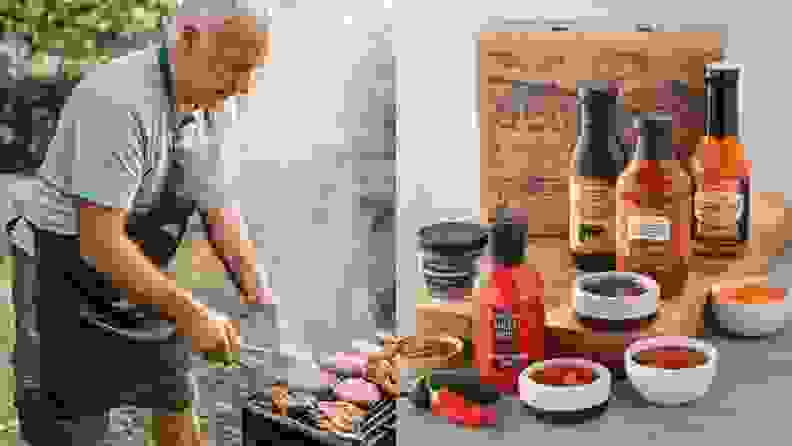 Senior man cooking meat on barbecue grill and a set of BBQ sauces