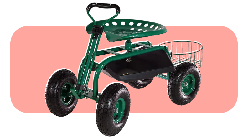 Product shot of the green and black Sunnydaze Garden Cart Rolling Scooter.
