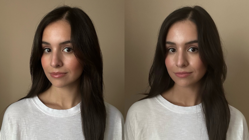 Two portraits a woman with brown hair wearing Glossier Cloud Paint.