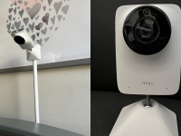 On left, Miku Pro Smart Wi-Fi Baby Monitor perched on floor stand above crib. On right, close up shot of the Miku Baby Monitor camera.
