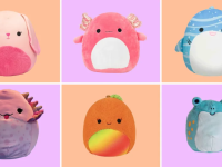 Assorted colorful plush, animal themed Squishmallow children's toys.