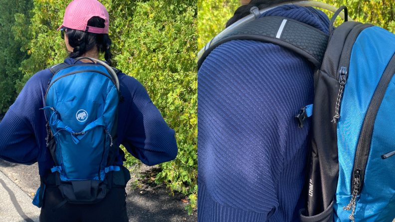 A person faces backwards as they display the Mammut Lithium 20 Backpack outdoors.