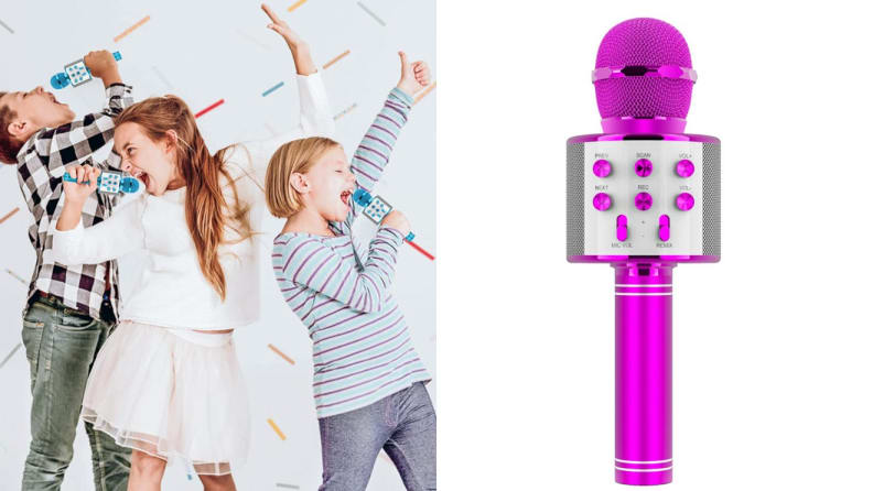 On left, three children using cordless microphones to sing together. On right, pink cordless microphone.