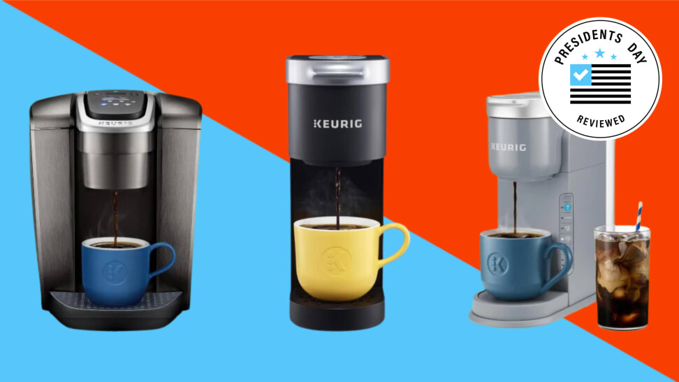 Three Keurig coffee machines on a red and blue background