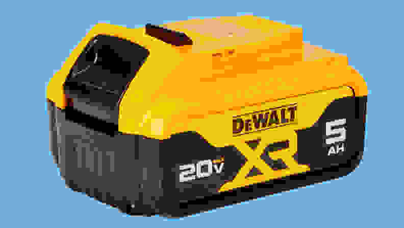 A close-up of the Dewalt 20V MAX XR 5.0Ah Lithium Ion Battery on a blue background.