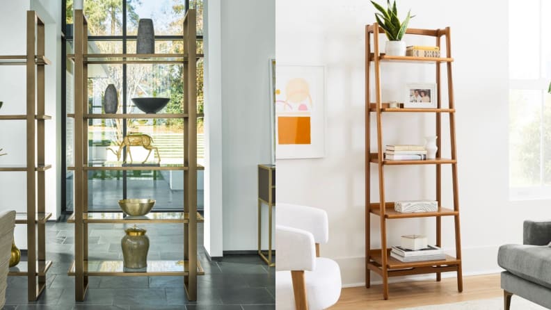 A brass bookcase and a midcentury modern wood bookcase.