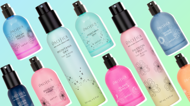 Pacifica hair and body mists and perfumes against a blue and green background.