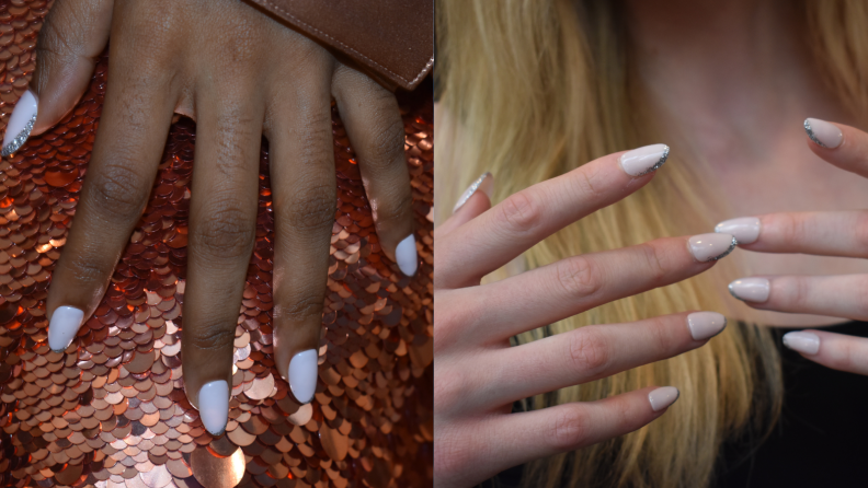 Collage of hands with nude-colored press-on nails.