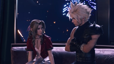 Cloud and Aerith from Final Fantasy VII Rebirth. They're having a conversation while fireworks illuminate the night sky behind them.