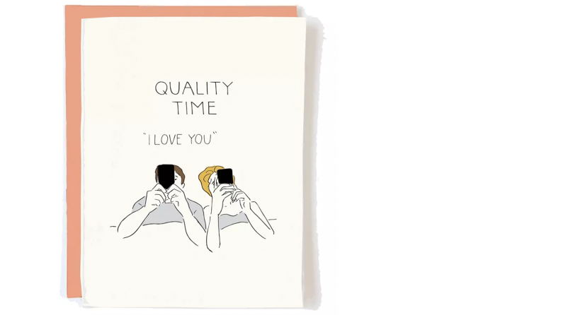 A minimalist greeting card features an illustration of a couple lying in bed, side by side, each of them staring at a smartphone screen. "Quality time," the card reads. Then, in quotation marks: "I love you."