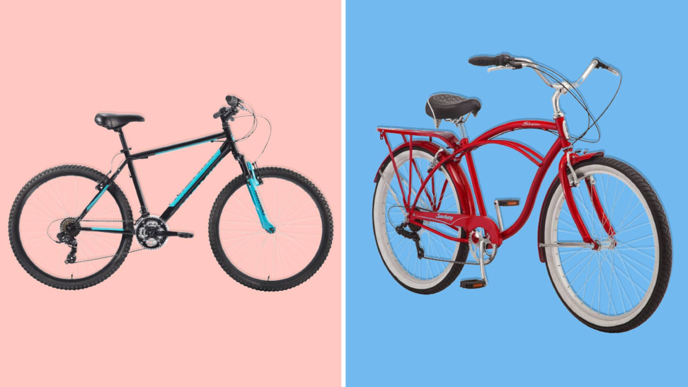 A blue Nishiki bike on a pink background and a red Schwinn bike on a blue background.