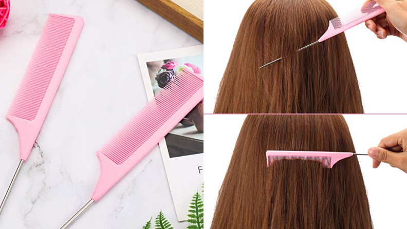 On the left: two pink combs. On the right: a person combing hair with a pink comb