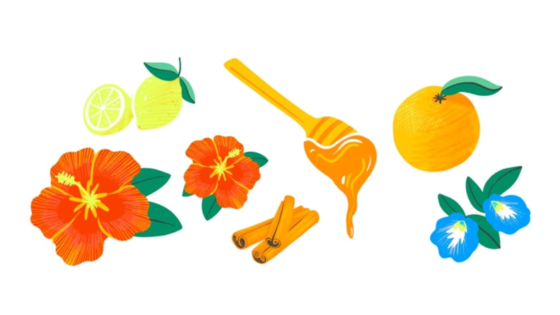 Illustrated hibiscus flowers, a honey wand with honey dripping from it, an orange, and cinnamon sticks.